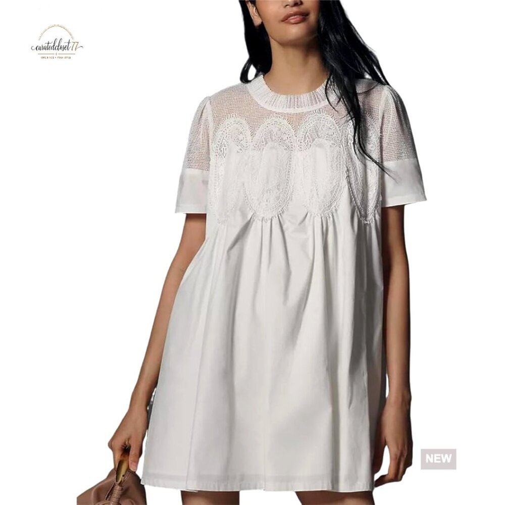 Crochet Lace Mini Dress Sheer Mesh Short Sleeve Casual Boho A-Line